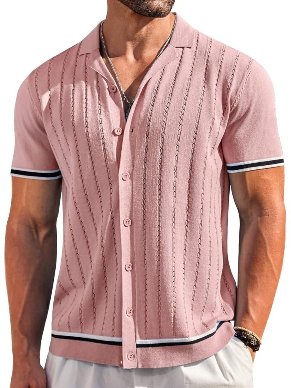 Men's Light Pink Short Sleeve Knit Casual Button Down Vintage Striped Top Shirt